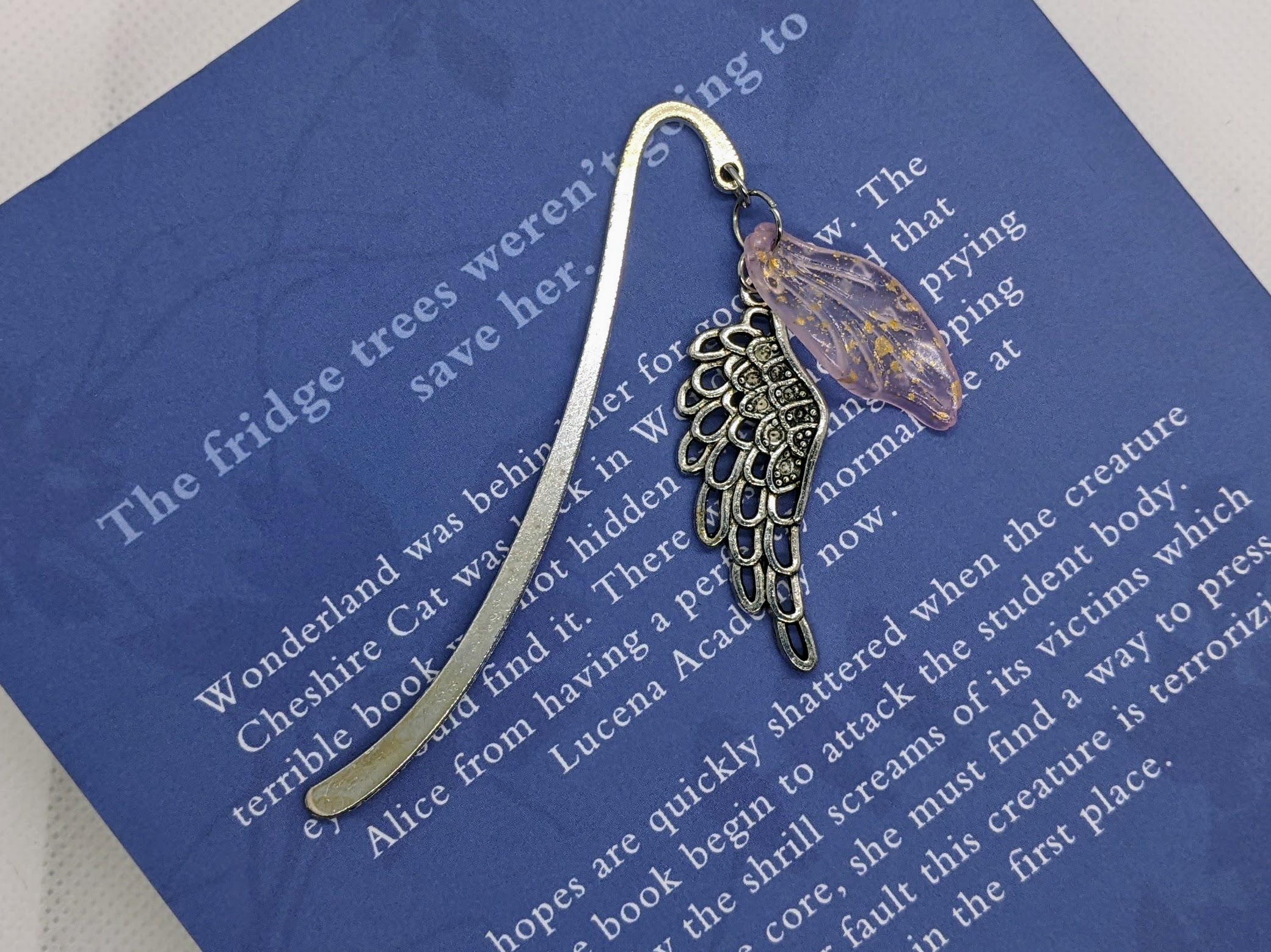 Metal Bookmark with Wing Charm and Glass Petal